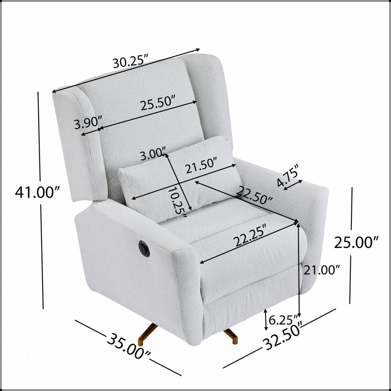 Power Recliner Chair With 360° Swivel And Gold 5-Star Base, Adjustable For Ultimate Comfort And Style, Light Gray Fabric