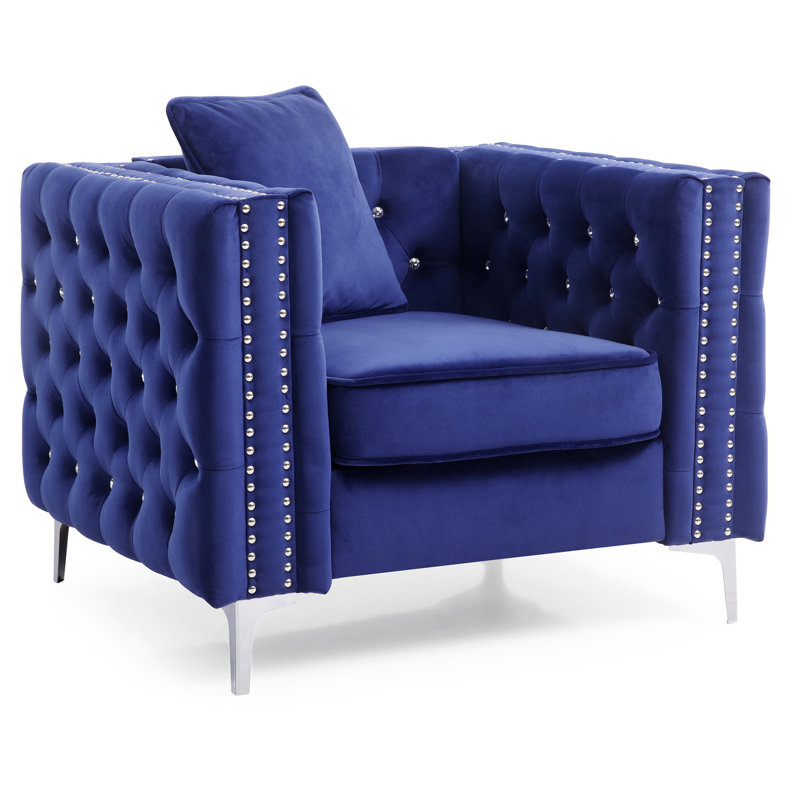 Fauteuil Chesterfield Lieza, Velours bleu