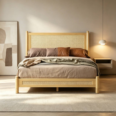 Boho Wooden Platform Bed Frame with Woven Rattan Headboard and Footboard