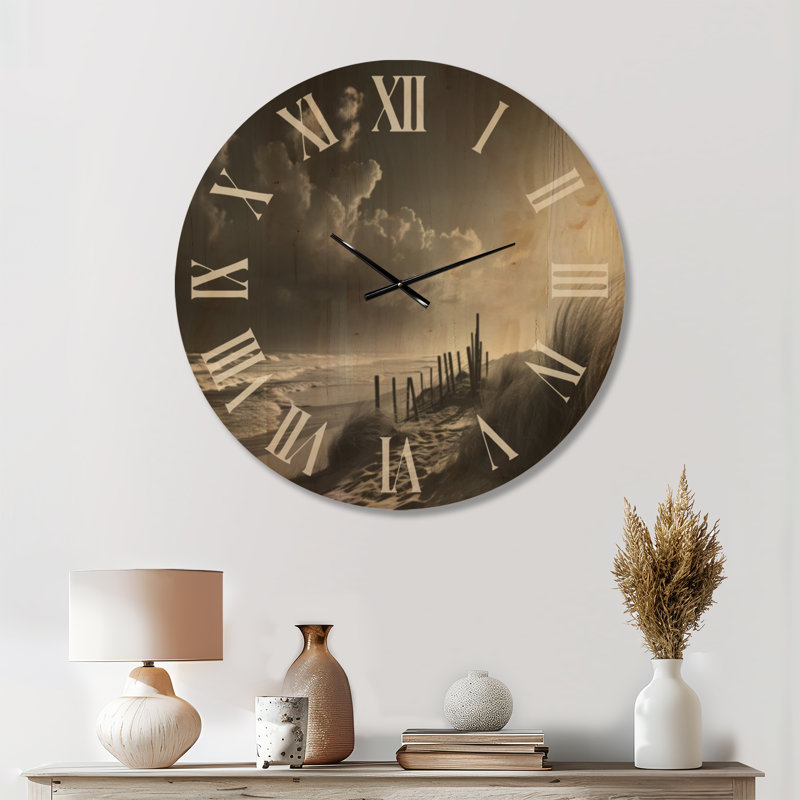Horloge murale en bois noir et blanc Beach Scenery II, Large