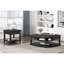 Table basse gris anthracite avec plateau relevable, tiroir et tablettes ouvertes