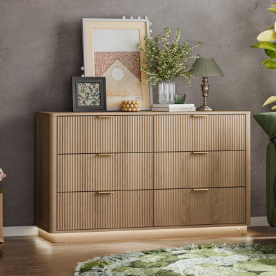 54" Wide Modern Chest Of Drawers With Lighting,Fluted Dresser For Bedroom With 6 Drawers, by Wrought Studio