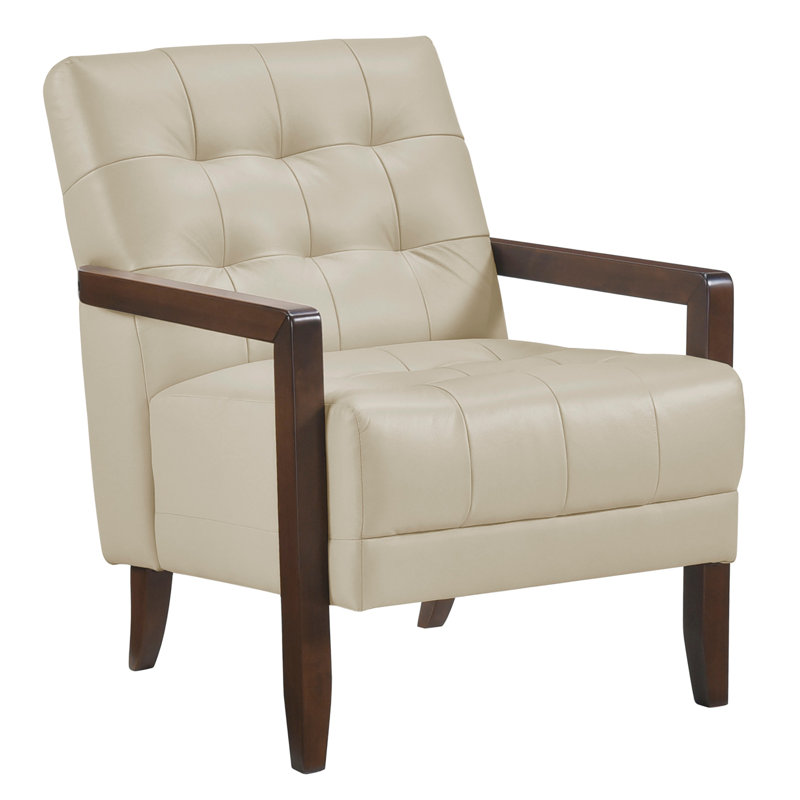 Fauteuil Lenie, cuir capitonné, bois de noyer, Beige