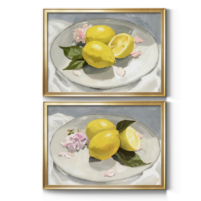 Citrons sur une plaque I - ensemble de 2 cadres photo, Or, H 24,5 po x l 37 po x P 1 po