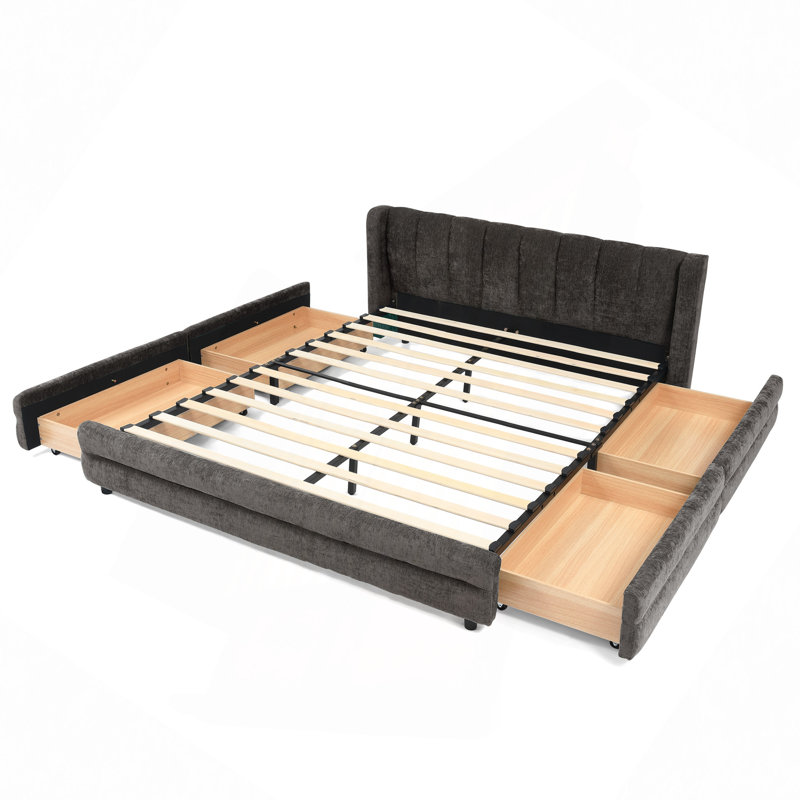 Cadre de lit rembourré avec tissu épais, cadre de lit rembourré confortable, tissu chenille, avec tête de lit et cadre de lit solide. Avec tiroir pour le rangement (86 po x 68,5 po x 67 po)