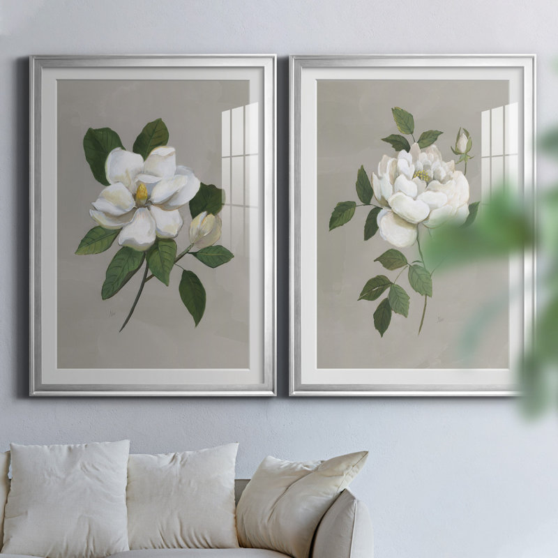 Magnolia botanique - ensemble de 2 reproductions d'art, H 26,5 po x l 73 po x P 1,5 po, Papier avec cadre argenté, Blanc