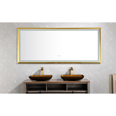 Miroir de salle de bain à DEL 84 po x 48 po, fixation murale, cadre en aluminium, brouillard naturel, 3 températures de couleur, gradation continue, miroir doré brossé pour meuble-lavabo, brouillard, modes, garniture