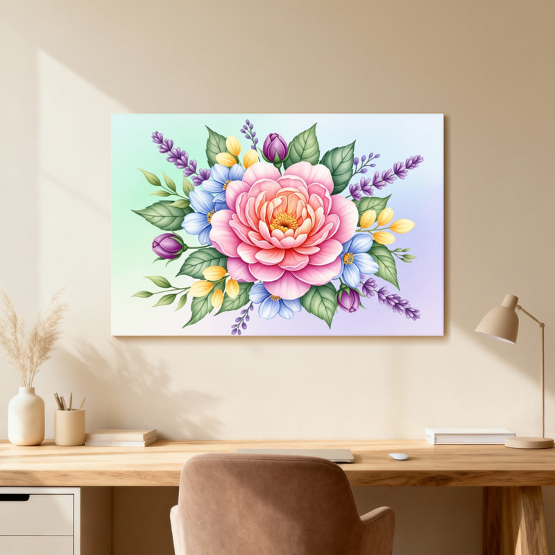 Plantes et fleurs - rose et fleurs diverses avec feuilles vertes, H 12 po x l 18 po, Toile tendue, Ne s’applique pas