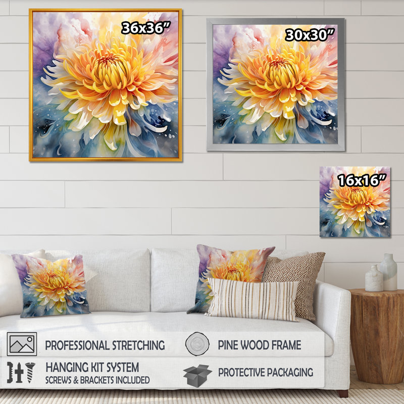 «Modern Blue and Yellow Chrysanthemums - Chrysanthemums», impressions d'art mural, Cadre flottant noir, H 24 po x l 24 po