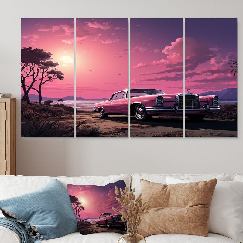 Ensemble d'art mural 4 pièces "Cadilla rose sur la plage au coucher du soleil II", H 32 po x l 64 po