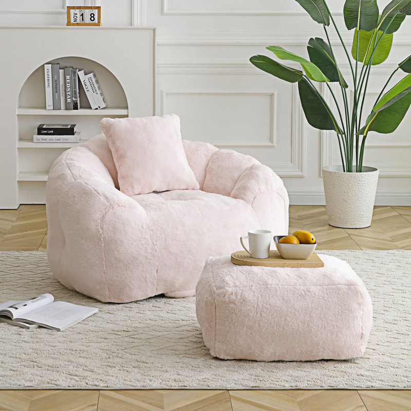 Boneless Bean Bag Chair Floor Sofa With Footstool, Pink