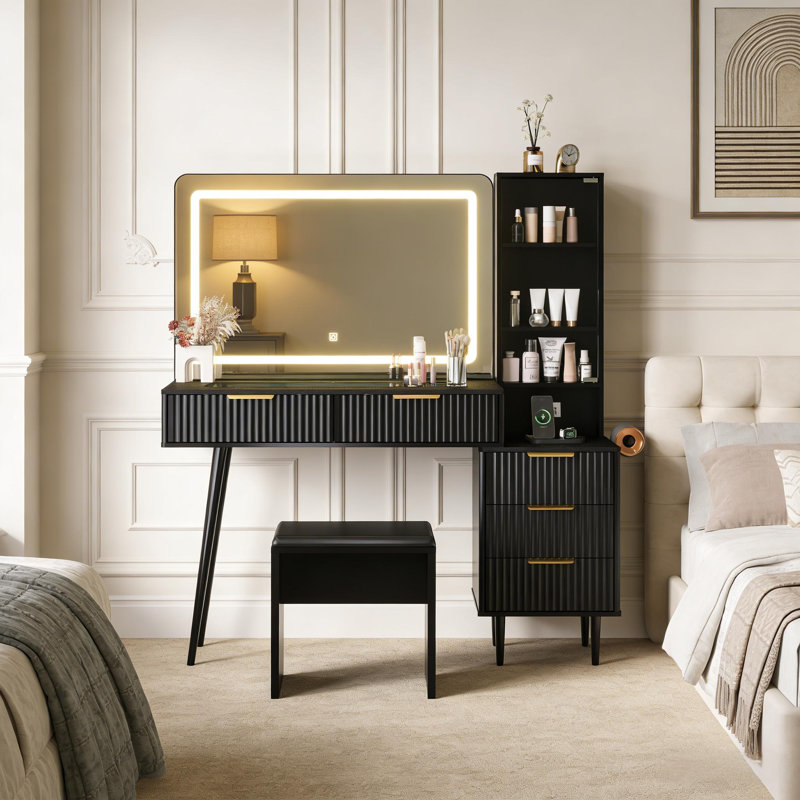 48" Makeup Vanity Desk with Mirror ＆ Lights for Bedroom, Black