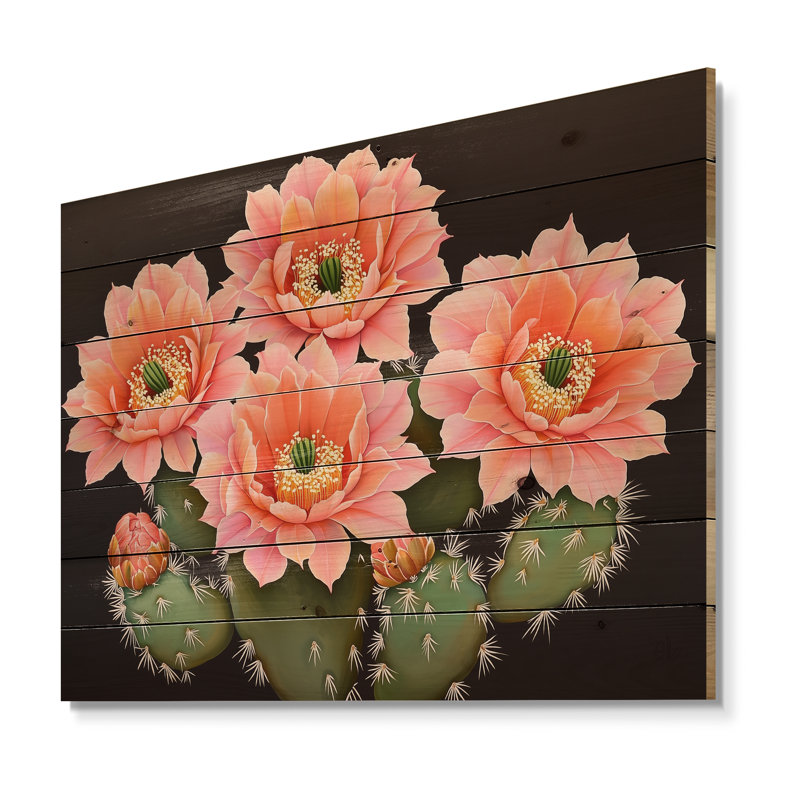Cactus rose et orange Bloom III - art mural traditionnel sur bois de pin naturel, H 24 po x l 32 po