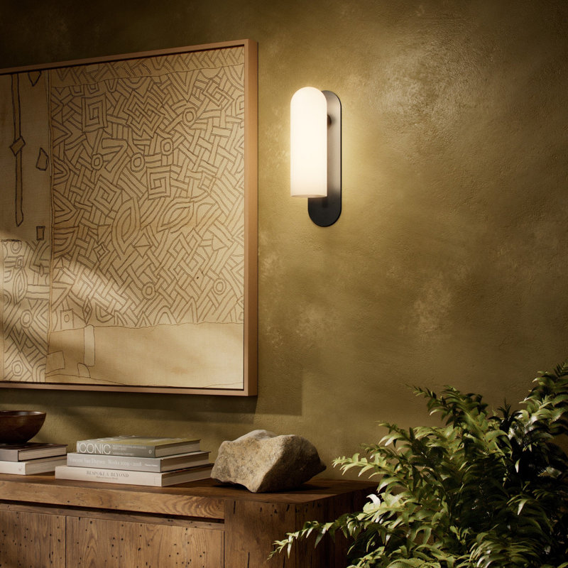 Odyssey Solid Brass Armed Sconce, 15" H x 4.25" W x 5.5" D, Black Gunmetal, Opal White