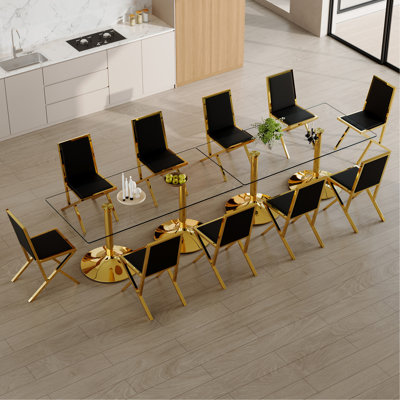 Ensemble de table et de chaises. Deux tables en verre trempé de 71 x 35,4 pouces, 10 chaises de salle à manger en polyuréthane noir avec cadre en métal doré. Table de cuisine moderne et ensemble de mobilier de salle à manger 10 places pour les réunions de famille.