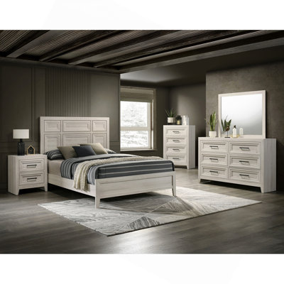 Commode contemporaine à quatre tiroirs, design géométrique, fini blanc cassé, meuble en bois