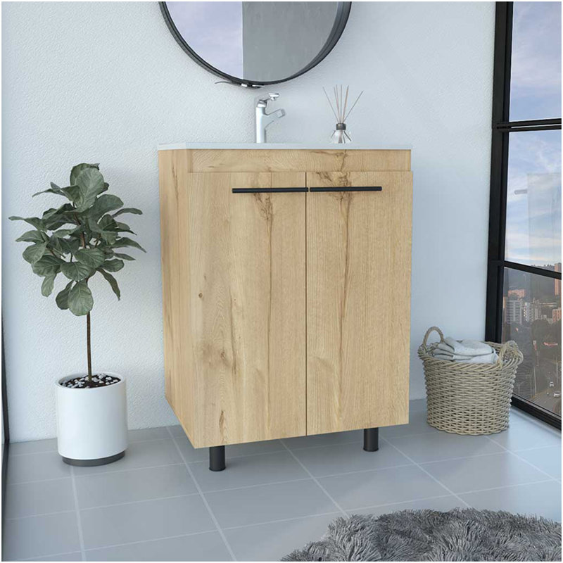 Free Standing Sink Cabinet, Four Legs, Double Door Cabinet, Two Shelves, Light Oak, Beige
