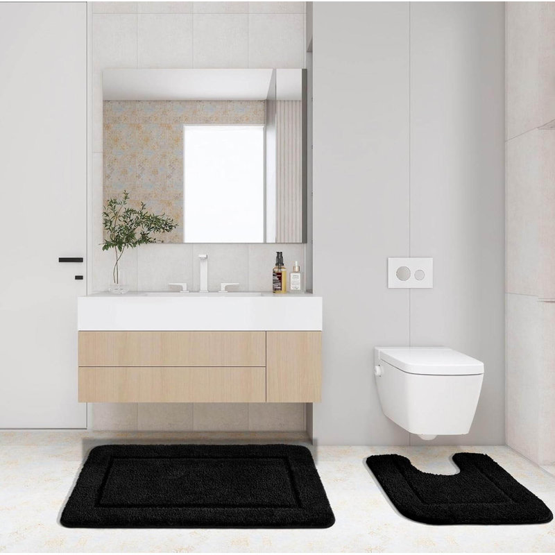 2 Piece set Rectangle Bath Mat, Black