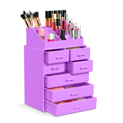 Makeup Organizer Case with Lipstick, Brush Holders, Medium, 7 Drawer, Purple