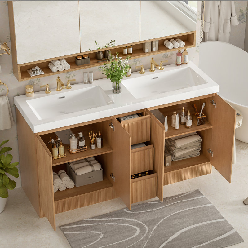 Meuble-lavabo double autoportant double transitionnel avec éviers SMC et rangement à fermeture en douceur DualWave