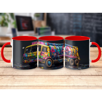Set of 4 3D Design 11oz Accent Mugs – Ceramic Coffee Cups with a Red Handle and Interior