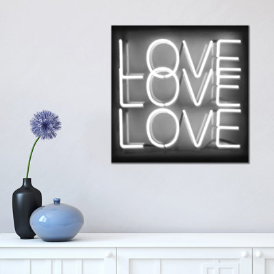 Neon Love Love Love White On Black by Hailey Carr - Wrapped Canvas Print