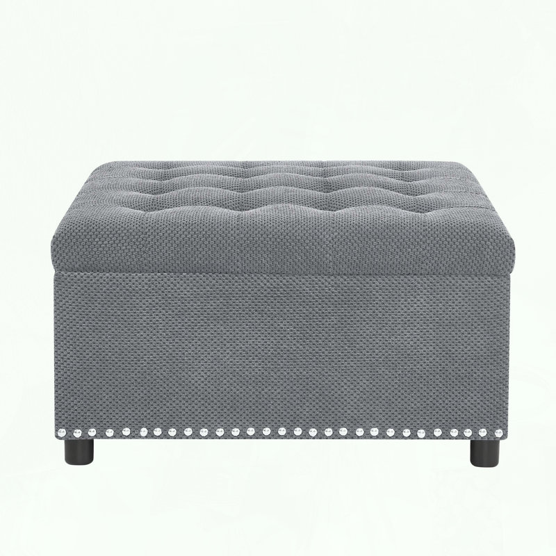 Square Storage Ottoman with Tufted Design and Nailhead Trim, Light Gray