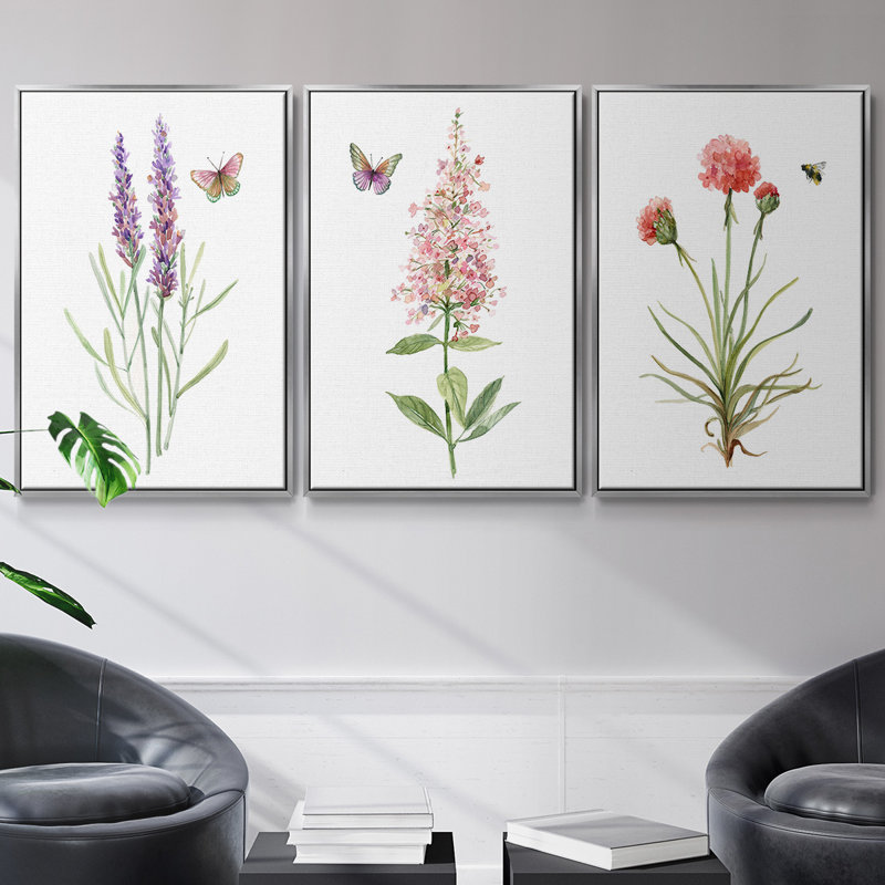 Wildflower Botanical I - Ensemble de 3 reproductions sur toile, H 27 po x l 54 po, Argent
