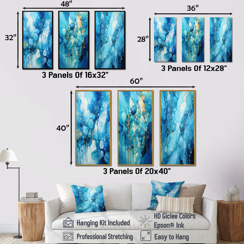 «Symphony White and Blue Drip», ensemble de 3 reproductions d'art sur toile, Cadre flottant noir, H 32 po x l 48 po