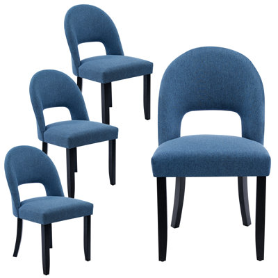 Mid-century Modern Upholstered Blue Dining Chair With Open Back And Solid Wood Legs