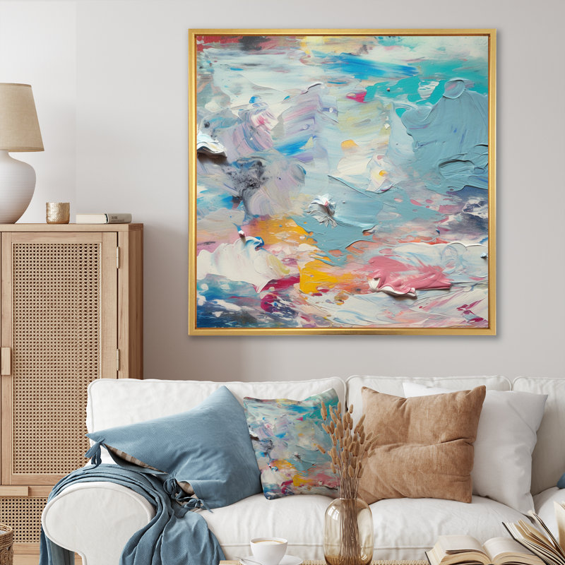 "Summer Memories" abstrait en blanc et bleu I - peinture abstraite sur toile, art mural, 16" H x 16" W, Cadre flottant doré