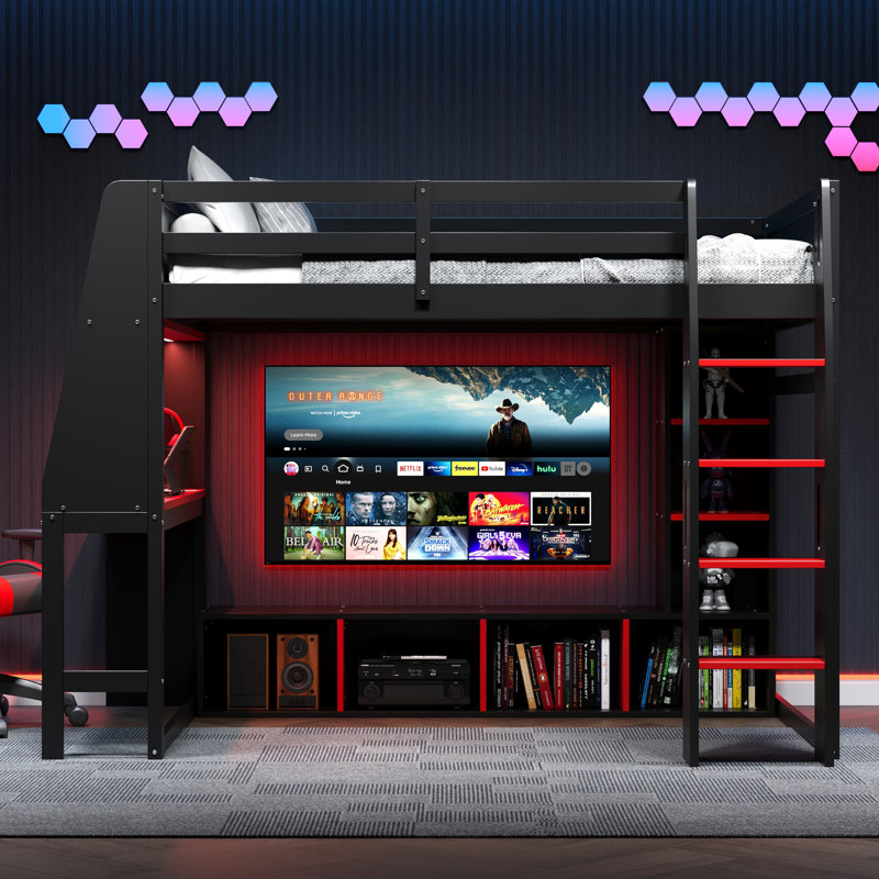 Lit mezzanine double en bois avec bureau, étagères à rangement multiples, lumières DEL et support à vêtements suspendu, noir