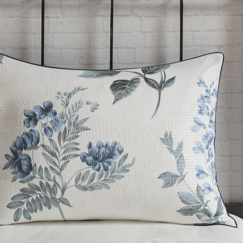 Zennia 7 Piece Seersucker Floral Comforter Set with Throw Blanket, Blue/White, Full / Queen Comforter + 6 Additional Pieces