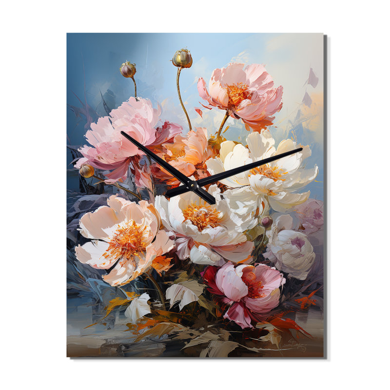 Horloge murale surdimensionnée avec pivoines roses II, Petit