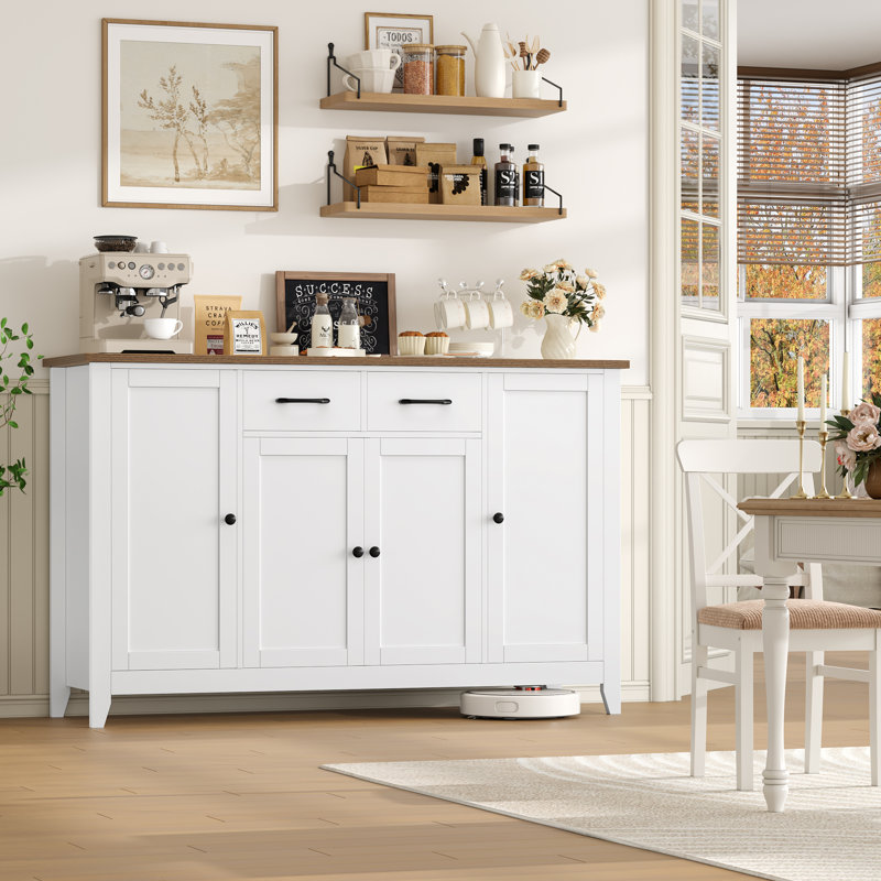 Buffet décoratif 4 portes avec 2 tiroirs, tablettes réglables, Blanc
