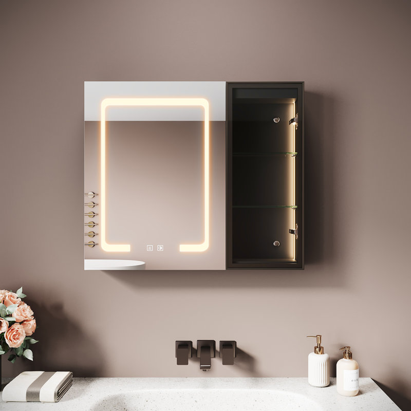 70mm W 60mm H Wall Mounted Optional Framed Medicine Cabinet Mirror 3 Fixed, Black