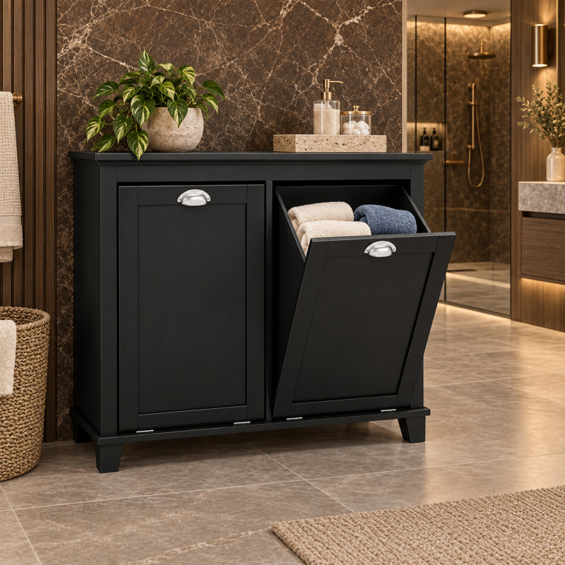 Armoire de rangement autoportante pour buanderie, salles de bain, buanderies et garde-robes, avec double compartiment avant inclinable et portes à panneaux.