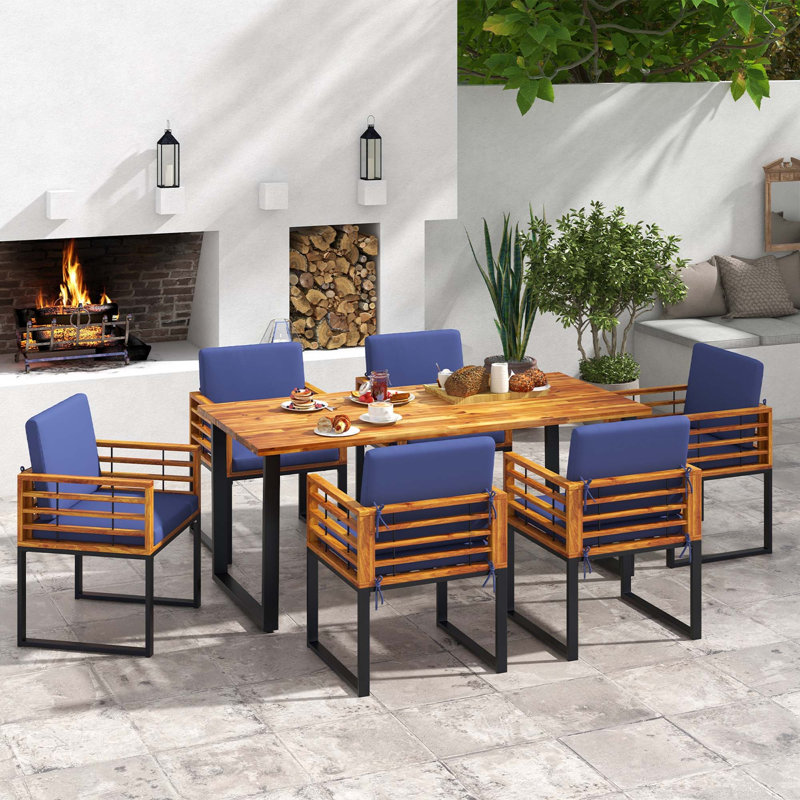 6 - Person Acacia Solid Wood Patio Dining Set Rectangular Table with Cushions Included