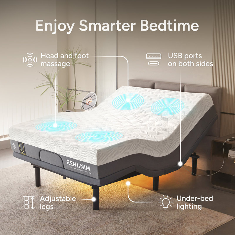 Lit réglable Renanim avec matelas en mousse à mémoire de forme de 14 po, massage, USB, télécommande et application, Grand