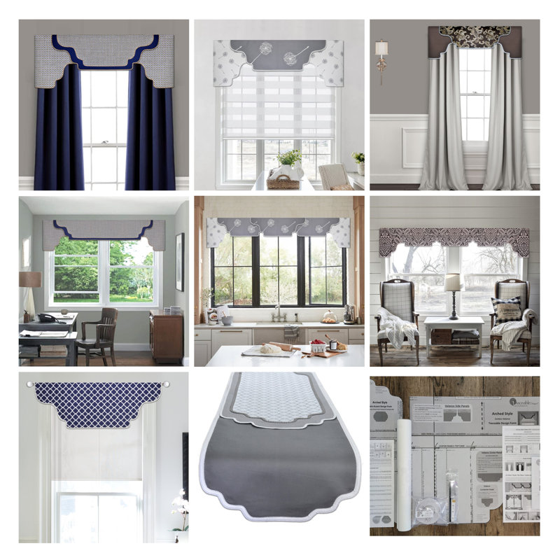 Gray and Floral Cotton Arched Valance Kit with Rod Pocket