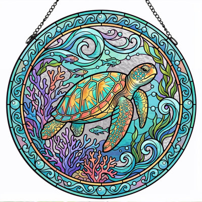 Panneau de vitrail de tortue de mer ， 7,8H