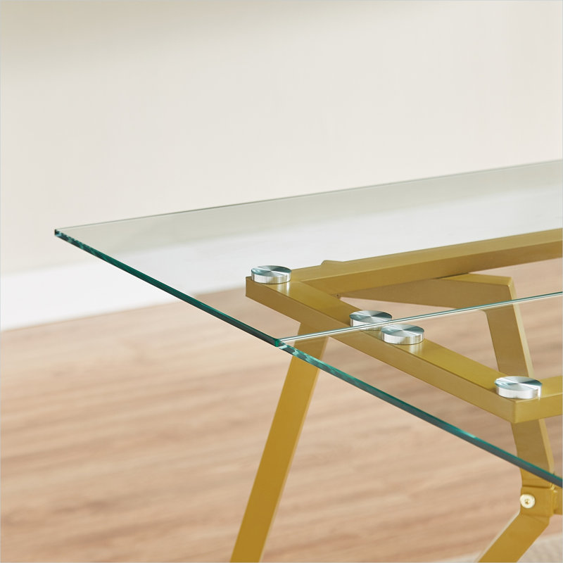 Table de salle à manger rectangulaire en verre de 70,9 pouces, pouvant accueillir de 1 à 8 personnes, table de salle à manger de cuisine moderne, équipée de pieds en métal robustes, convenant à la salle à manger, au salon, au bureau, en or