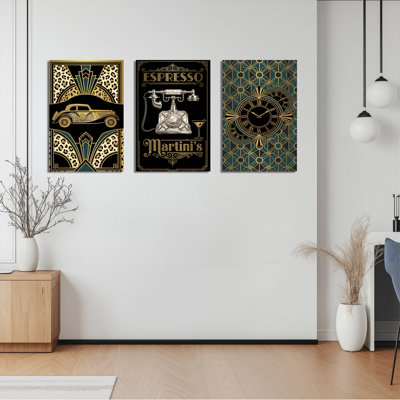 Ensemble de 3 tableaux muraux Art Déco : Horloge Espresso Martini Léopard Voiture