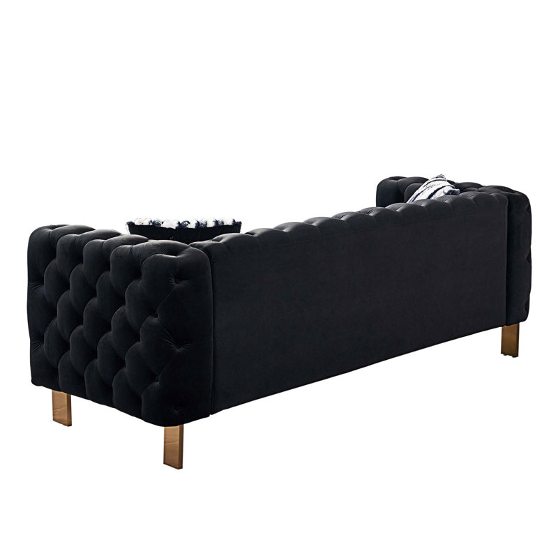 Canapé Chesterfield à accoudoirs roulés 84,25 po Subra, Velours noir