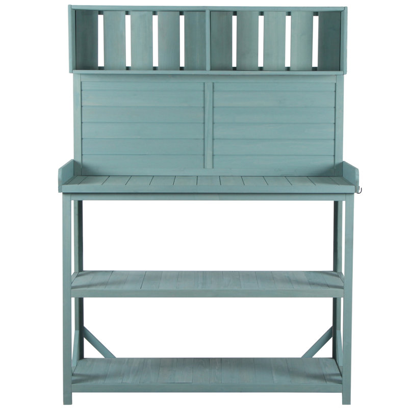 Banc de rempotage en bois de sapin H 65 po Pradyoth avec 4 tablettes de rangement et crochet latéral, Vert