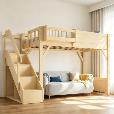 Lit mezzanine simple avec garde-robe et espace de rangement intégrés, lit mezzanine en bois massif avec tablettes à côté, garde-corps pleine longueur et escalier, aucun sommier nécessaire