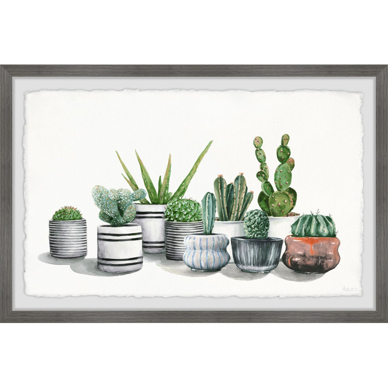Lined Potted Cactus by Parvez Taj - Single Picture Frame Painting, 20 cm H x 30 cm W