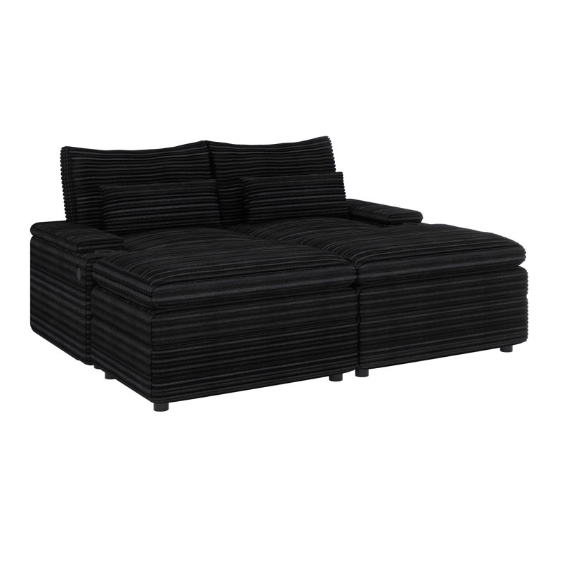 Canapé modulaire avec repose-pieds avec porte-gobelets et USB, rangement pour accoudoirs, Noir