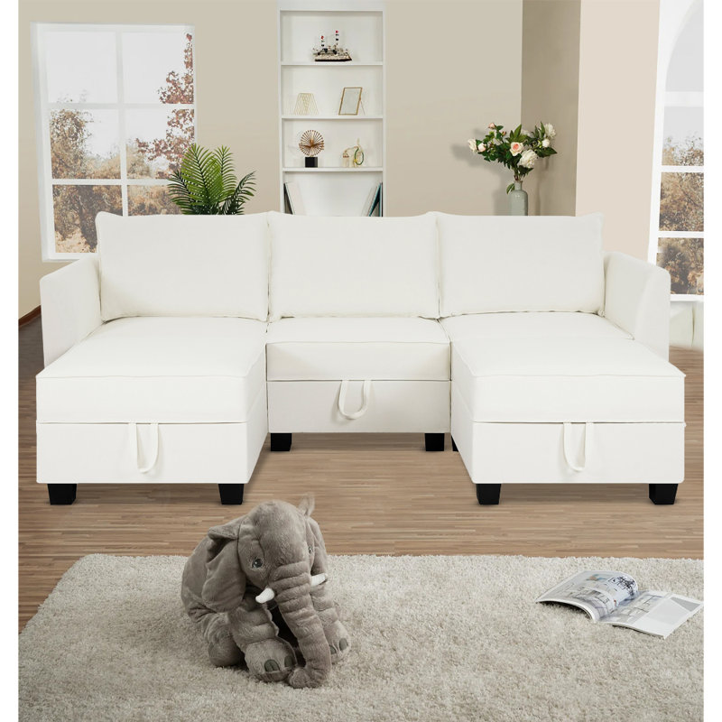 Myshia Modular Reversible U-Shaped Sectional Sofa with Double Ottoman Linen Couch with Storage Seat, White 100% Linen