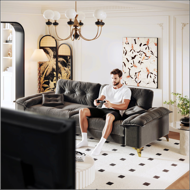 Canapé moderne à 4 places avec larges accoudoirs amovibles, conception capitonnée, pieds et coussins en métal pour plusieurs espaces de vie